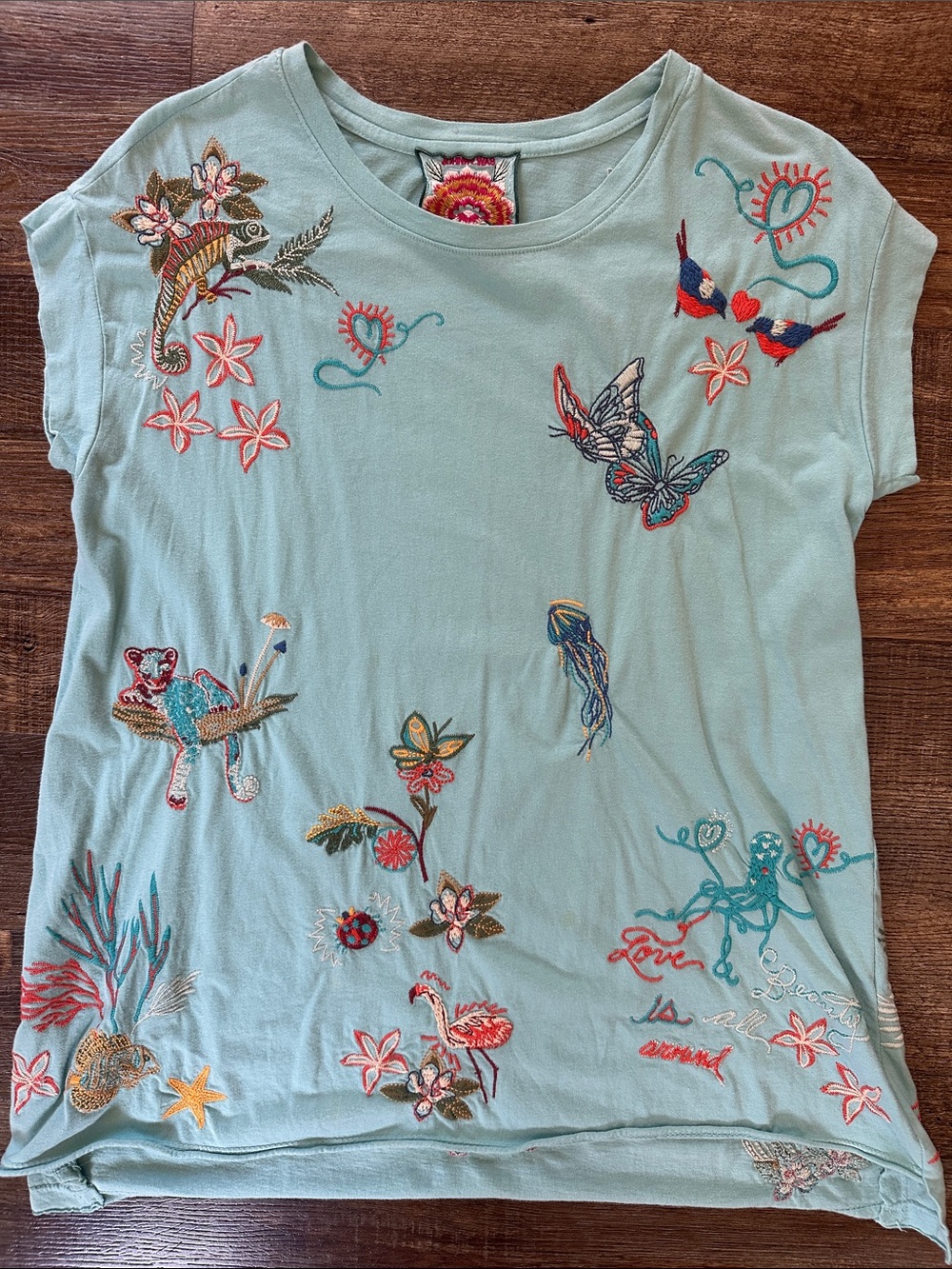 Embroidered  Johnny Was Blue Tee with Floral & Animal Motifs